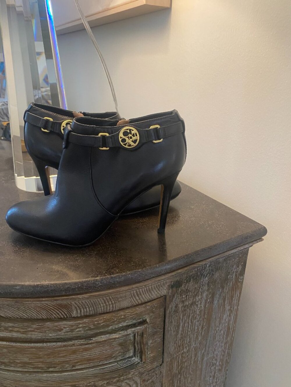 NWT - COACH Salene Black Leather Gold Logo Heel Ankle Booties